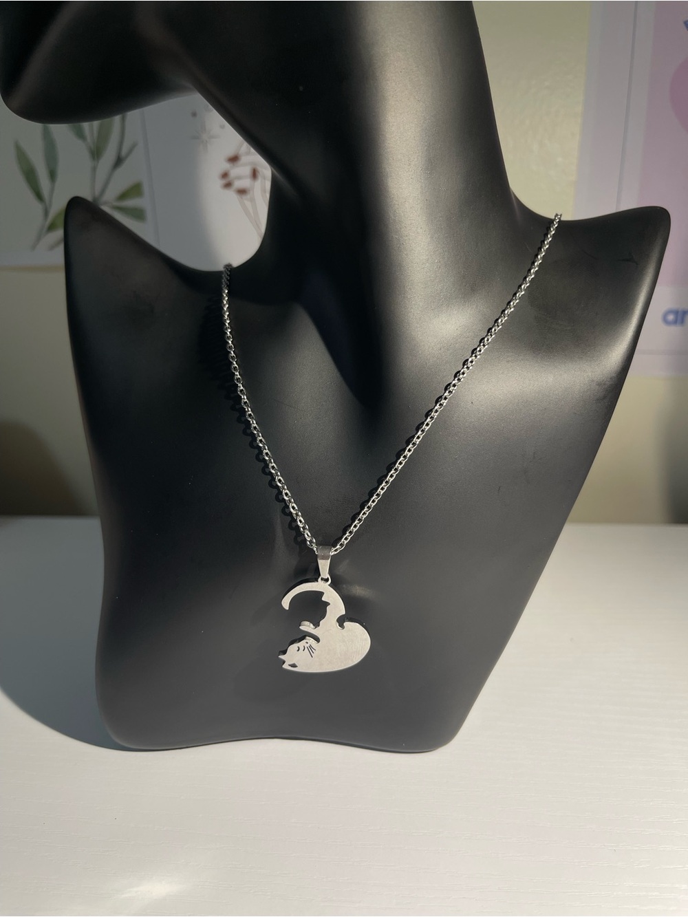 Sterling Silver Cat Heart Pendant Necklace - Silver